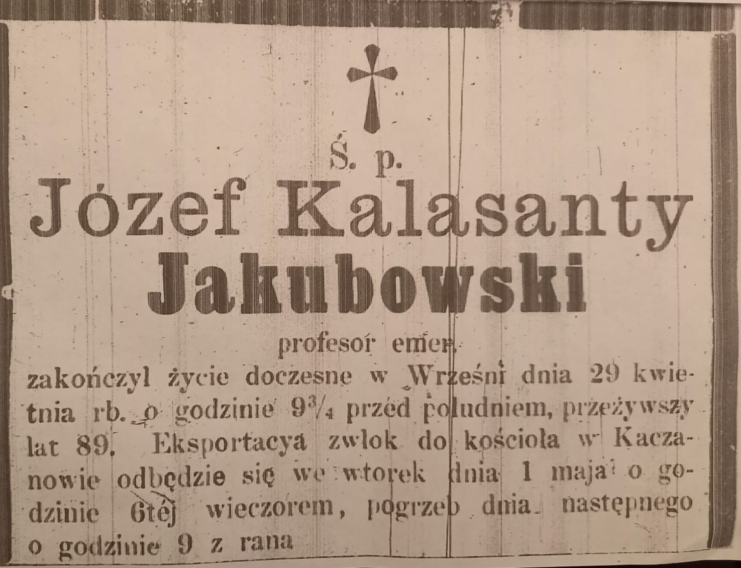 Nekrolog Józefa Kalasantego Jakubowskiego 