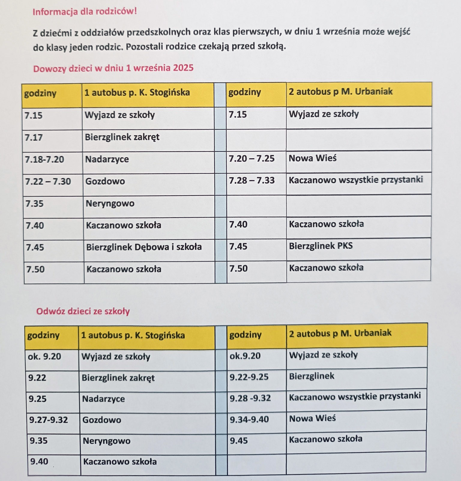 Rozkład dowozu dzieci 1 wrzesnia 2025